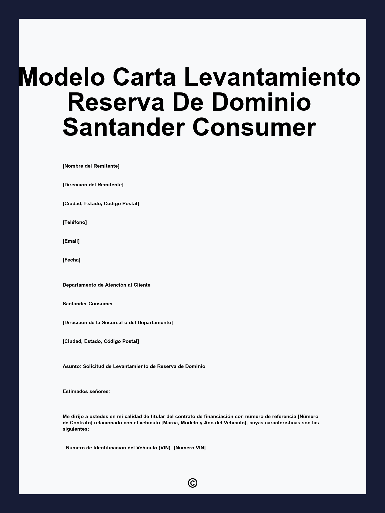 Modelo Carta Levantamiento Reserva De Dominio Santander Consumer